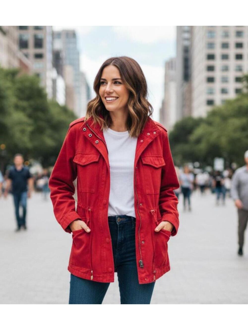 Women's Red Utility Jacket with Multiple Pockets Size Medium
